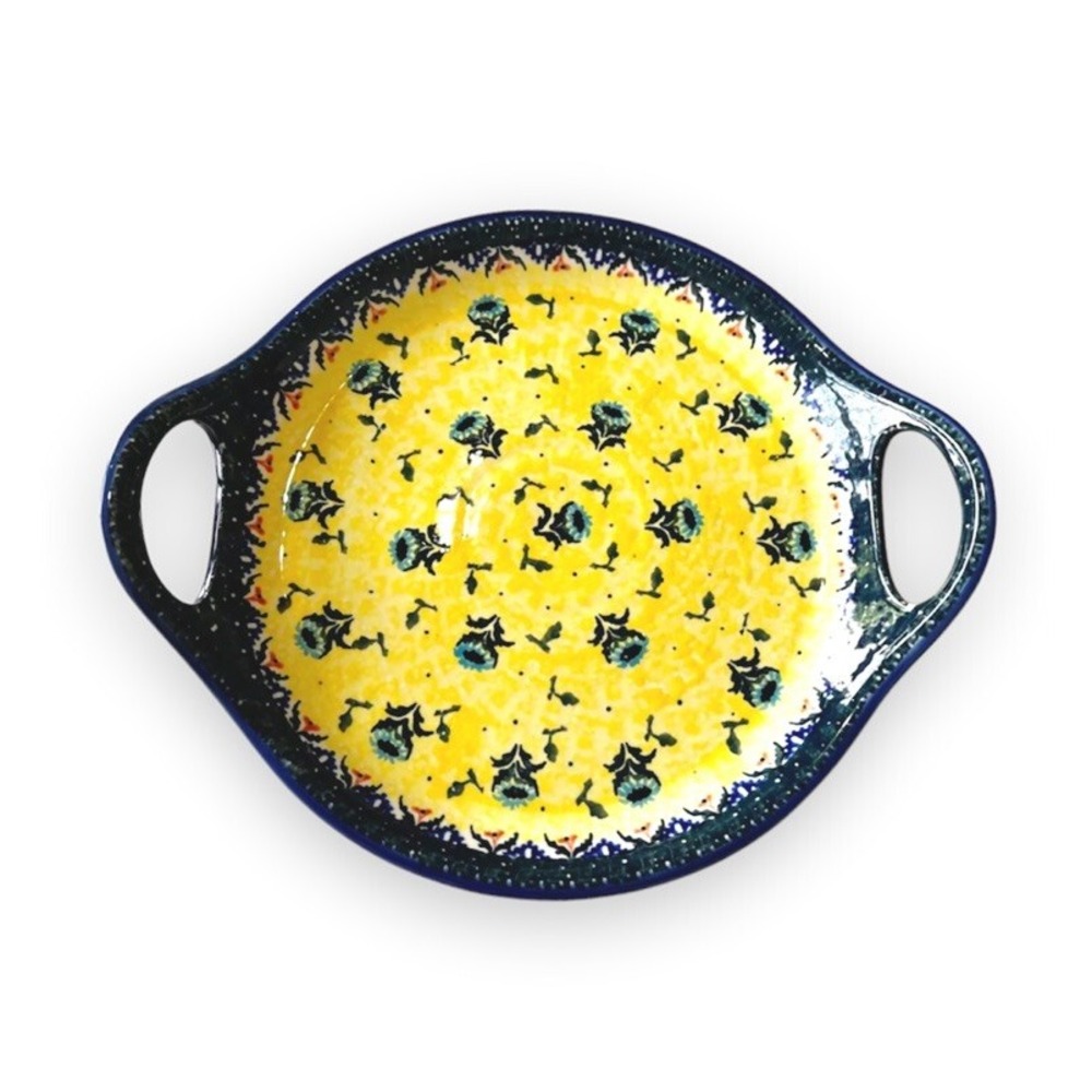 Boleslawiec Polish Pottery Yellow Blue Round Serving Tray w/ Handles Coneflower